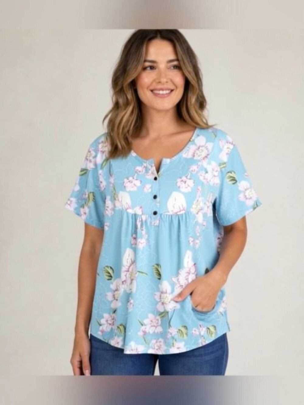 Womens Top Blouse Popover Short Sleeves Blue Floral Print Size 22W